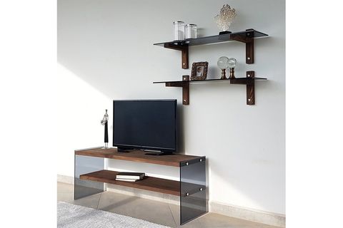 NEOSTİLL TEMPERLİ FÜME CAM MASİF AHŞAP DUVAR RAF KİTAPLIK, CEVİZ, R101