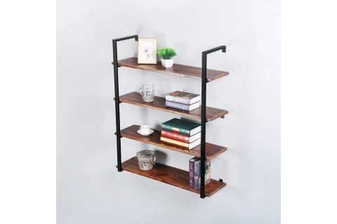 TASNİA SİYAH METAL AHŞAP DUVAR RAFI 90 CM 4 KATLI