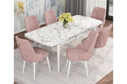 ROVENA MONA AÇILABİLİR MUTFAK MASASI TAKIMI, BEYAZ MERMER DESEN, PEMBE, 132X80
