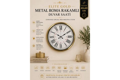 GOLD METAL ROMA RAKAMLI DUVAR SAATİ 40 CM