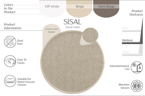 COOL HALI SYDNEY M104 HASIR DOKU BALIK SIRTI İTHAL YUVARLAK SİSAL HALI, BEJ, 120X120