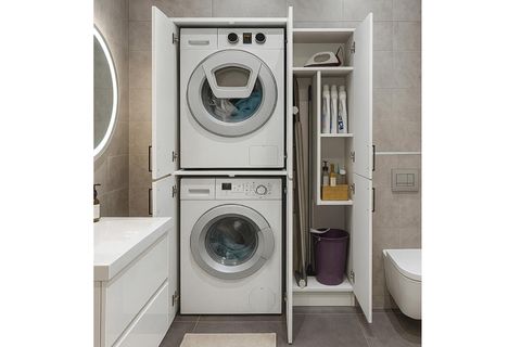 TANİ ROVİ ÇAMAŞIR VE KURUTMA MAKİNESİ BANYO DOLABI, ÜTÜ MASASI BÖLMELİ, BEYAZ