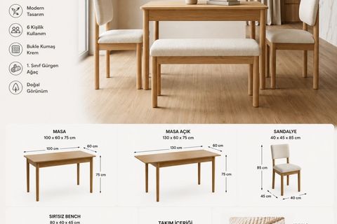 NUU MUTFAK MASA TAKIMI,İKİ SANDALYE, SIRTSIZ BENCH