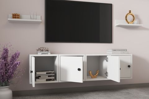LERON MODÜLER DUVARA MONTE 4 KAPAKLI TV ÜNİTESİ 2 YÜZER RAF SALON