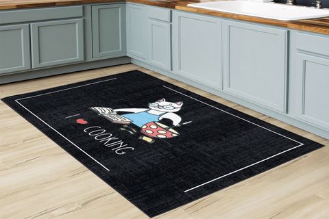KARNAVAL KEDİ DESENLİ İ LOVE COOKİNG SLOGANLI MODERN DEKORATİF MUTFAK HALISI, SİYAH, 75X200