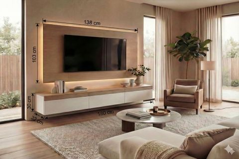 PURELINE LEDLİ DUVAR TV ÜNİTESİ,  MEŞE BEYAZ, 180 CM