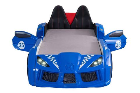 RACEİNG CAR V8 KAPILARI AÇILAN KOLTUKLU FULL LEDLİ ARABALI YATAK, MAVİ, 100X190