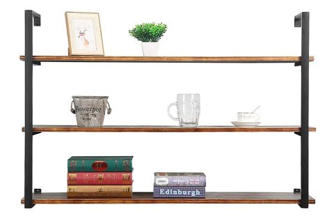 TASNİA SİYAH METAL AHŞAP DUVAR RAFI 120 CM 3 KATLI