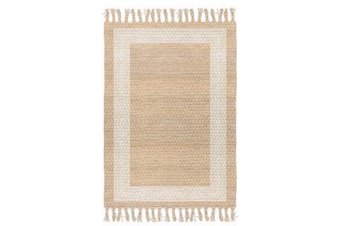 GARDENYA DOĞAL JÜT HASIR GÖRÜNÜMLÜ KAHVERENGİ BEJ ÇERÇEVELİ KARA TEZGAH DOKUMA SAÇAKLI KİLİM 150X230