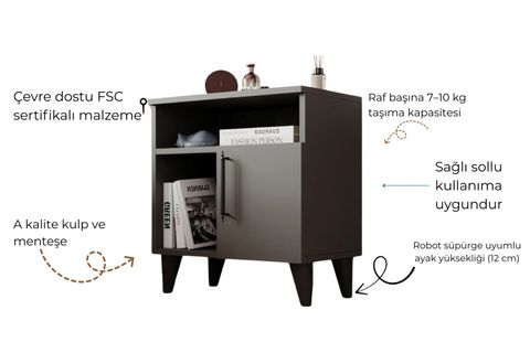 KOMMEN KOMODİN, ANTRASİT, 3 BÖLMELİ