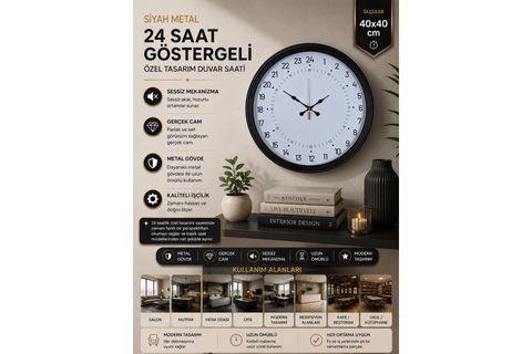 SİYAH METAL 24 SAAT GÖSTERGELİ ÖZEL TASARIM DUVAR SAATİ 40 CM