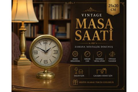 PREMİUM VİNTAGE ESKİTME METAL MASA SAATİ 25X20 CM
