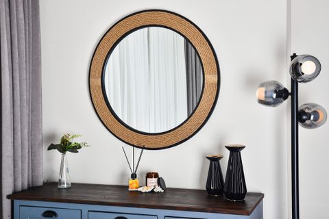 DFN WOOD JUT HALATLI YUVARLAK DEKORATİF DUVAR AYNASI, SİYAH ÇERÇEVE, 57X57