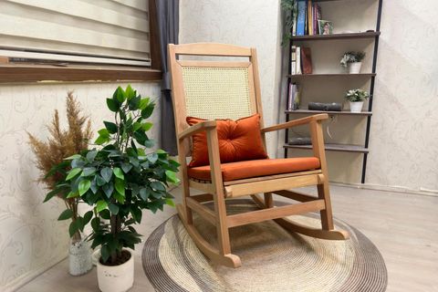 ASEDİA VERANDA HASIRLI MİNDERLİ SALLANAN SANDALYE, TURUNCU, NATUREL AYAK
