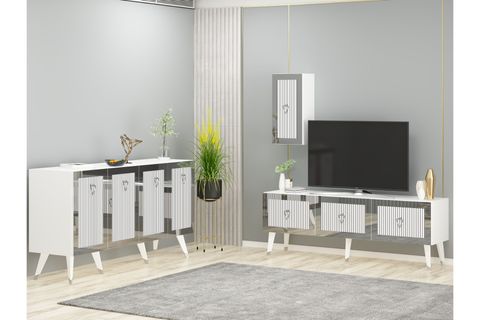 BARE TV ÜNİTESİ + ORTA SEHPA + KONSOL SALON TAKIMI, BEYAZ GÜMÜŞ