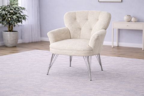 PUFY KOLLU TEKLİ BERJER, KREM, METAL KROM AYAK