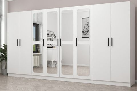 MİNAR KALE 8 KAPAK AYNALI 2 ÇEKMECE ZİNCİR DOLAP - BEYAZ