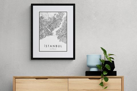 İSTANBUL ŞEHİR HARİTASI TABLO, SİYAH ÇERÇEVE, 33X48