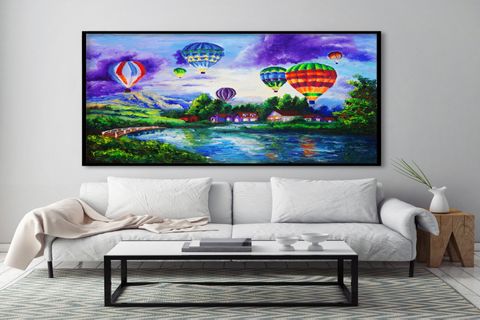 TABLOLIFE AİR BALLONS YAĞLI BOYA DOKULU TABLO, GÜMÜŞ ÇERÇEVE,100X150