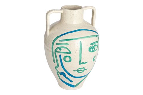 BEYAZ MAVİ TURKUAZ SOYUT YÜZ TERRACOTTA VAZO BOHO