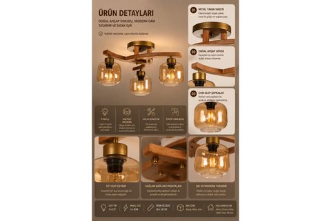 WESTON ÜÇLÜ NATUREL BAL CAMLI PLOFONYER AVİZE