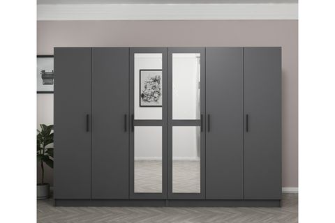 MİNAR KALE 6 KAPAKLI 2 AYNALI 4 ÇEKMECELİ DOLAP ANTRASİT 210CM