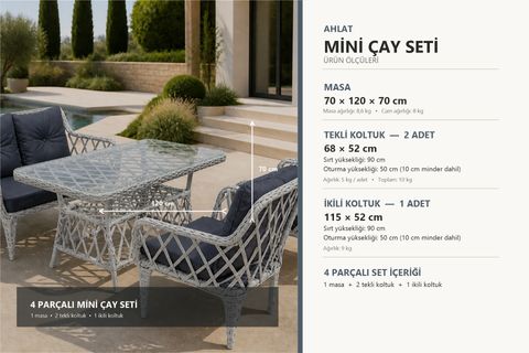 AHLAT MİNİ 4 KİŞİLİK RATTAN BALKON TAKIMI, GRİ