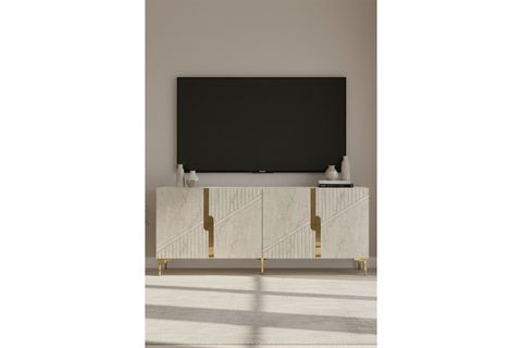 EVVA KONSOL VE TV SEHPASI, BEYAZ TRAVERTEN GOLD, 180 CM