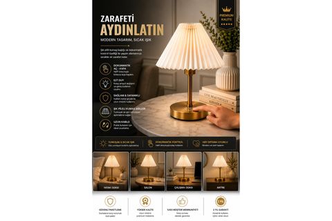 RUMELİ DOKUNMATİK ESKİTME PİLELİ KREM ABAJURLU MASA LAMBASI