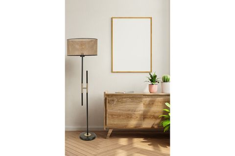 LUMEXX FELİX SİLİNDİR LAMBADER, SİYAH AYAK, RATTAN ABAJURLU