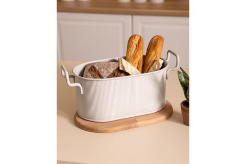 THE MİA STRİPE AHŞAP KAPAKLI EKMEK SAKLAMA KUTUSU BEJ 40X22X18 CM