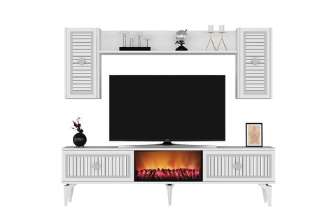 FLAME ŞÖMİNELİ TV ÜNİTESİ TAKIMI, BEYAZ GÜMÜŞ