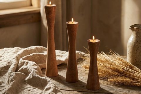 DİVAN KAYIN AHŞAP ÜÇLÜ ŞAMDAN SETİ, KOYU CEVİZ,  15-20-25 CM