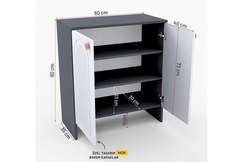 BOHA BOHEM MDF MEMBRAN KAPAKLI ÇOK AMAÇLI DOLAP, ANTRASİT BEYAZ