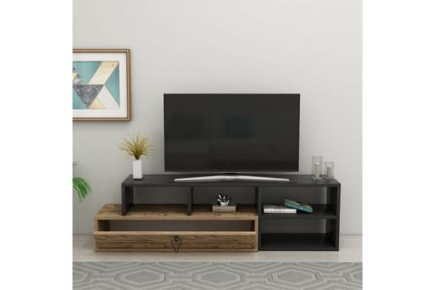 ARNETTİ DURU RAFLI KAPAKLI MODERN TV SEHPASI, CEVİZ ANTRASİT - DURU