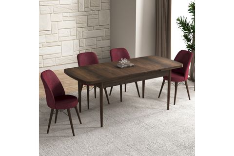 AY SERİSİ 1 MASA + 4 SANDALYE MUTFAK MASA TAKIMI 055, BORDO KAHVERENGİ, 132X80