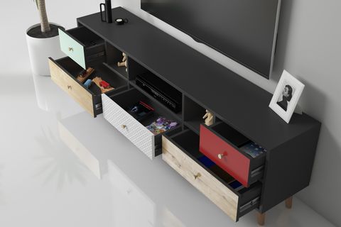 COLORES HANEL 5 ÇEKMECELİ 180 CM TV SEHPASI SİYAH