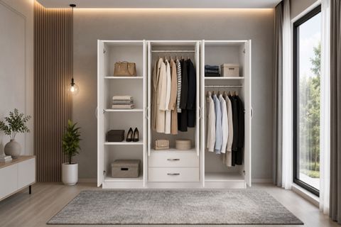 SEZAR AYNALI GARDIROP, BEYAZ, 6 KAPAKLI