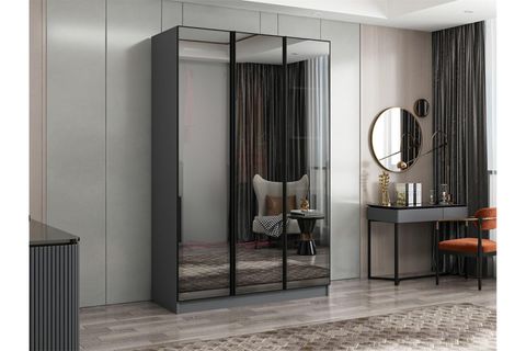NİSA 3 KAPAKLI 2 ÇEKMECE DOLAP ANTRASİT REFLEKTE CAM