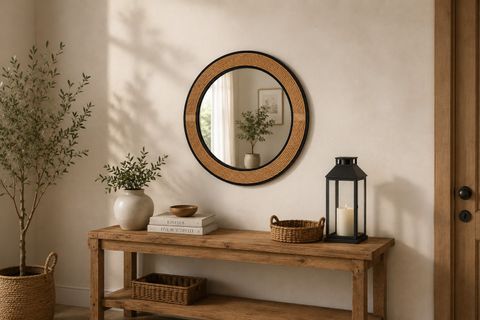 JUT HALATLI YUVARLAK DUVAR AYNASI, SİYAH ÇERÇEVE, 87X87