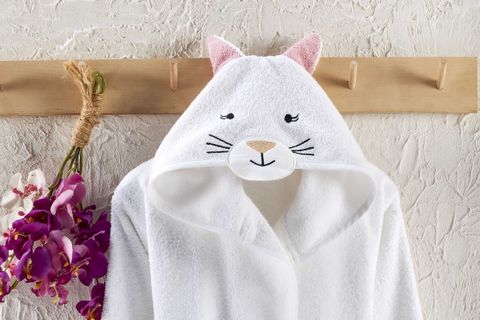 KAPÜŞONLU PAMUK ÇOCUK & BEBEK BORNOZU, KEDİ, BEYAZ, 3-4 YAŞ