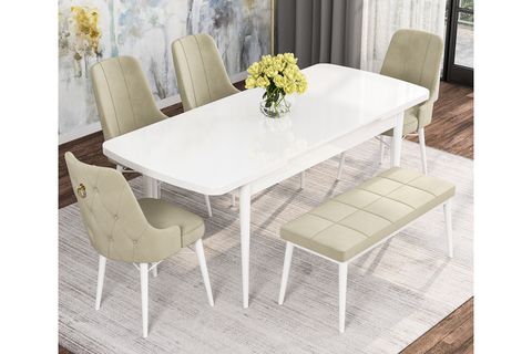 ROVENA MONA AÇILABİLİR MUTFAK MASASI TAKIMI, BEYAZ DESEN, KREM, 132X80