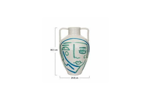 BEYAZ MAVİ TURKUAZ SOYUT YÜZ TERRACOTTA VAZO BOHO