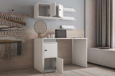 MODÜLER ÇALIŞMA MASASI, DUVAR DOLAPLI VE RAFLI