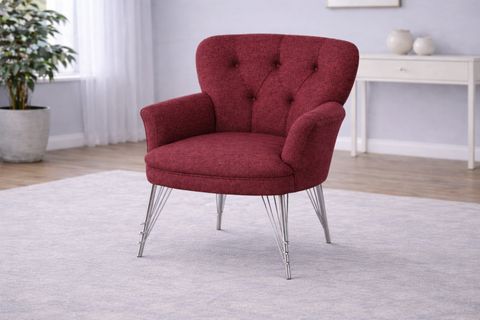 PUFY KOLLU TEKLİ BERJER, BORDO, METAL KROM AYAK