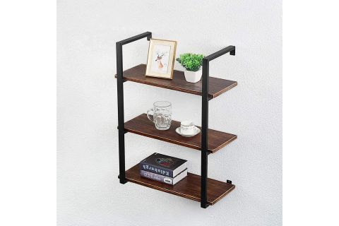 TASNİA SİYAH METAL AHŞAP DUVAR RAFI 60 CM 3 KATLI