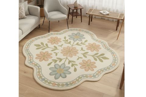 KREM ÇİÇEKLİ MOTİFLİ ÖZEL KESİM DOKUMA TABAN HALI, 449 YNG, 100X100 CM