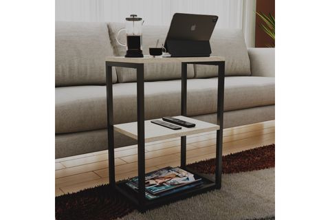 LİNA METAL AYAKLI AHŞAP RAFLI YAN SEHPA, TAŞ GRİ