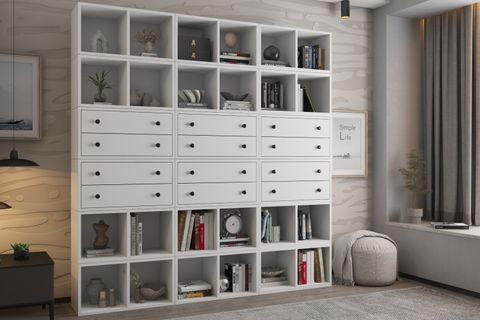 LEXSA ÇOK AMAÇLI KİTAPLIK DOLABI ÇEKMECELİ MODÜLER RAF SİSTEMİ BEYAZ
