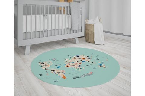 YEŞİL DÜNYA HARİTASI DESENLİ ÇOCUK ODASI HALISI 130X130